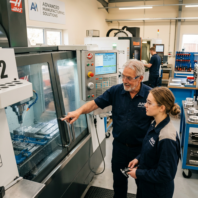 Senior machinist mentoring apprentice at CNC machine