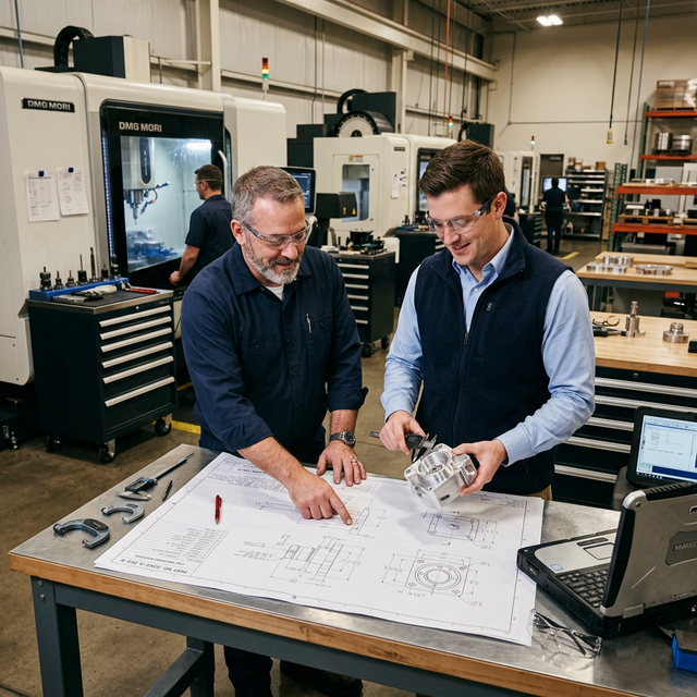 Engineers reviewing technical drawings together